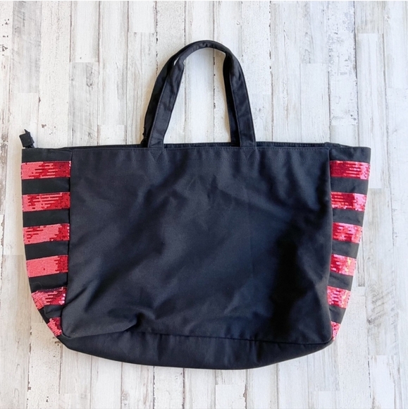 Nwt Victoria’s Secret Tote Bag Weekender Black and Red Lips Sequins Kiss Large - Picture 6 of 6